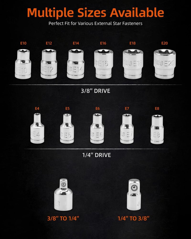 JU JIAN TEC 13-Piece E-Torx Socket Set with 6-Point Star Design - E4 to E20 Sizes, 1/4” & 3/8” Drive, Hardened CR-V Steel, Impact Wrench Compatible, Sturdy Molded Case - Image 2